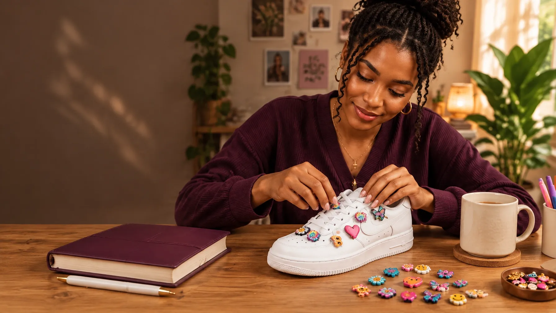 A woman personalizing a sneaker with colorful charms beside a journal and mug